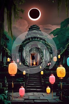 A mystical lunar eclipse over an ancient temple, with glowing lanterns