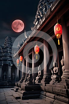 A mystical lunar eclipse over an ancient temple, with glowing lanterns