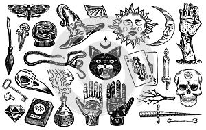 Mystical magic boho elements. Witchcraft astrological set. Esoteric alchemy occult sketch for tattoo. Palmistry and