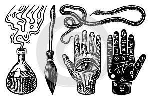 Mystical magic boho elements. Witchcraft astrological set. Esoteric alchemy occult sketch for tattoo or T-shirts