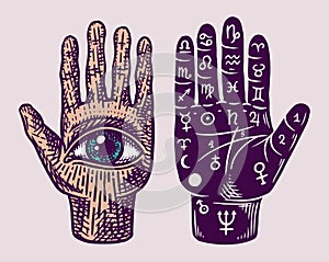 Mystical magic palmistry. Esoteric or alchemy occult sketch for tattoo. Fate in the palm of your hand. Hand Drawn