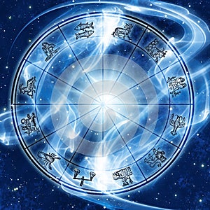 Mystical magic zodiac wheel with stars and Universe like astrology concept