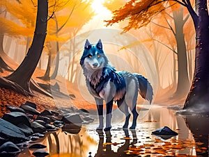 Mystical Magical wid wolf standing in stream in the forest at autumn time