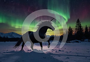 Mystical Majesty: Majestic Unicorn Silhouette in Aurora Borealis