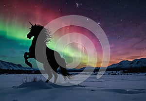 Mystical Majesty: Majestic Unicorn Silhouette rearing up in Aurora Borealis