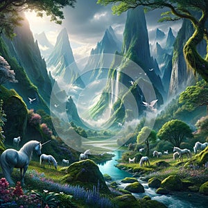 Mystical Majesty: Unicorns Roam in AI Generated Magic Mountain Valley