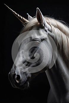 Mystical Majesty: White Unicorn with Golden Horn and dark background