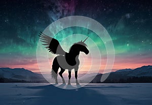 Mystical Majesty: Winged Unicorn Silhouette in Aurora Borealis