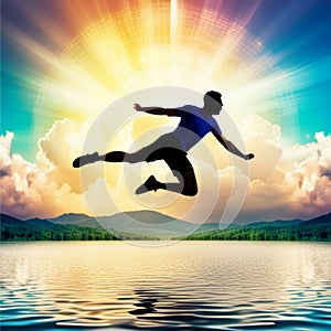 mystical man fluing in the sky over water to success, surrounded by clouds and radiance, abstract, surreal, dreamlike