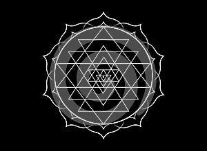 Mystical mandala of Sri Yantra for your design. White sacred geometry and alchemy symbol blooming in a lotus flower, vector isolat