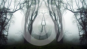 A mystical mirrored image of trees in a spooky atmospheric foggy winters forest