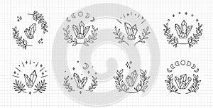 Mystical moon crystal, line art vector logo. Boho crystal clipart, editable stroke