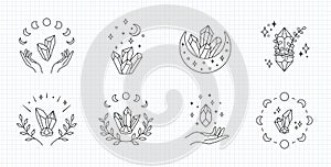 Mystical moon crystal, line art vector logo. Boho crystal clipart, editable stroke