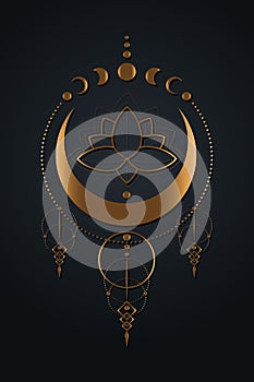 Mystical Moon Phases, Lotus Flower, Sacred geometry. Gold sign, half moon pagan Wiccan goddess symbol, silhouette wicca banner