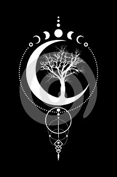 Mystical Moon Phases, tree of life, Sacred geometry. Triple moon, half moon pagan Wiccan goddess symbol, silhouette wicca banner