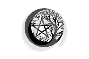 Mystical Moon, tree of life and Wicca pentacle. Sacred geometry. Logo, Crescent moon, half moon pagan Wiccan goddess symbol