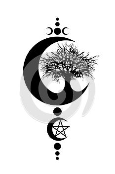 Mystical Moon, tree of life and Wicca pentacle. Sacred geometry. Logo, Crescent moon, half moon pagan Wiccan triple goddess symbol photo