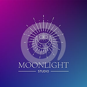 Mystical moon vector logo, boho moonlight line art. Mystic crescent moon logo template. Vector stock illustration