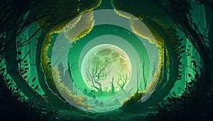 Magical Moon and Starlit Fantasy Forest Landscape with Green Abstract Illustration. Generative Ai