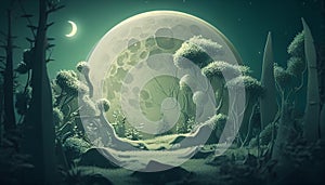 Mystical Moonlit Green Fantasy Forest Landscape with Abstract Illustration. Generative Ai