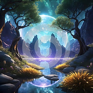 Mystical Moonlit Valley with River and Starry Sky