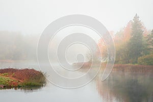 Mystical morning autumn landscape with fog over the lake.