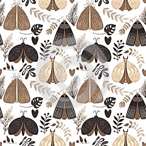 Mystical moths and floral elements seamless pattern