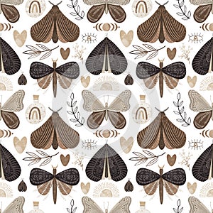 Mystical moths, magic and floral elements seamless pattern