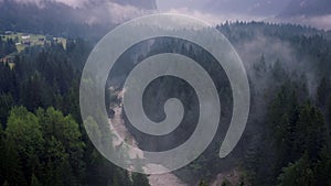 Mystical mountains forest fog dolomite rocks aerial drone cinematic footage