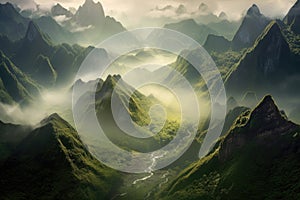 Mystical Mountainscapes: mesmerizing panorama of mystical mountain peaks enveloped in mist, with cascading waterfalls photo