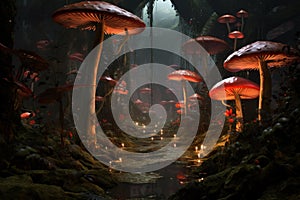 Mystical Mushroom rain forest. Generate Ai