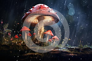 Mystical Mushroom rain log. Generate Ai