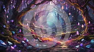 Mystical mystical forest with fog and gems. Fantasy landscape. Digital painting.