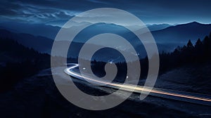 mystical night landscape winding road with car lights,surrounded by dark mountains and dark sky