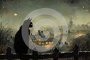 Mystical Night Scene with Black Cat Overlooking Snow-Covered Town