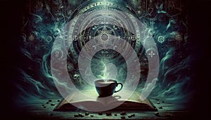 Mystical Open Book with Steaming Coffee Cup and Magical Symbols