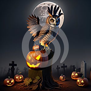 mystical owl with halloween pumpkin ai generated