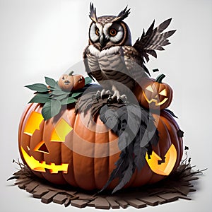 mystical owl with halloween pumpkin in simple white background ai generated