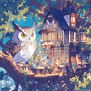 Mystical Owl Perched on Book Nook