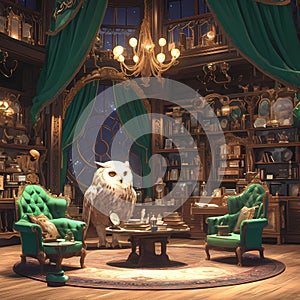 Mystical Owl\'s Enclave in Antique Library