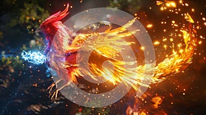 A mystical phoenix its vibrant plumage ablaze with mesmerizing colors resting calmly on the sorcerers outstretched arm photo