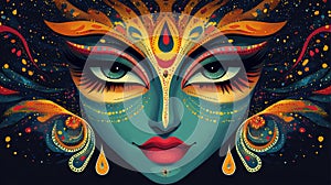 Mystical portrait of a Hindu goddess with an intricate green and gold mask, glowing eyes, and celestial ornaments photo