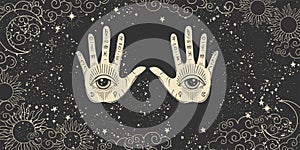 Mystical poster for numerology, astrology and future prediction. Two palms of a hand with an all-seeing eye on a