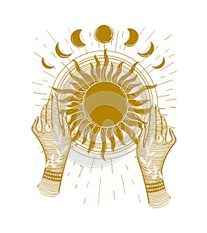 Mystical print of hands holding the sun, boho tattoo, astrology illustration, magic symbol. Hand drawn vector isolated