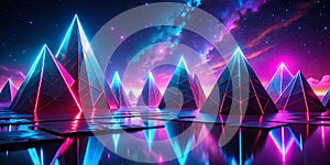 Mystical Pyramid Forms in Surreal Night Photography Abstract Pink and Blue Geometric Shapes photo