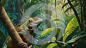 In a mystical rainforest, a colorful iguana basks