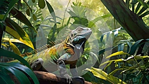 In a mystical rainforest, a colorful iguana basks photo