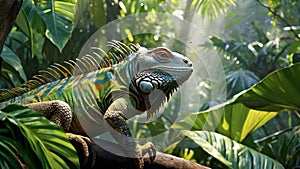 In a mystical rainforest, a colorful iguana basks photo