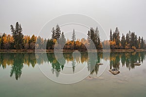 Mystical rainy autumn morning landscape with rain and snow over the lake. Reflection of coniferous trees in shiny calm water.