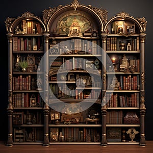 Mystical Realism: A Detailed Bookcase With Fantasy Elements